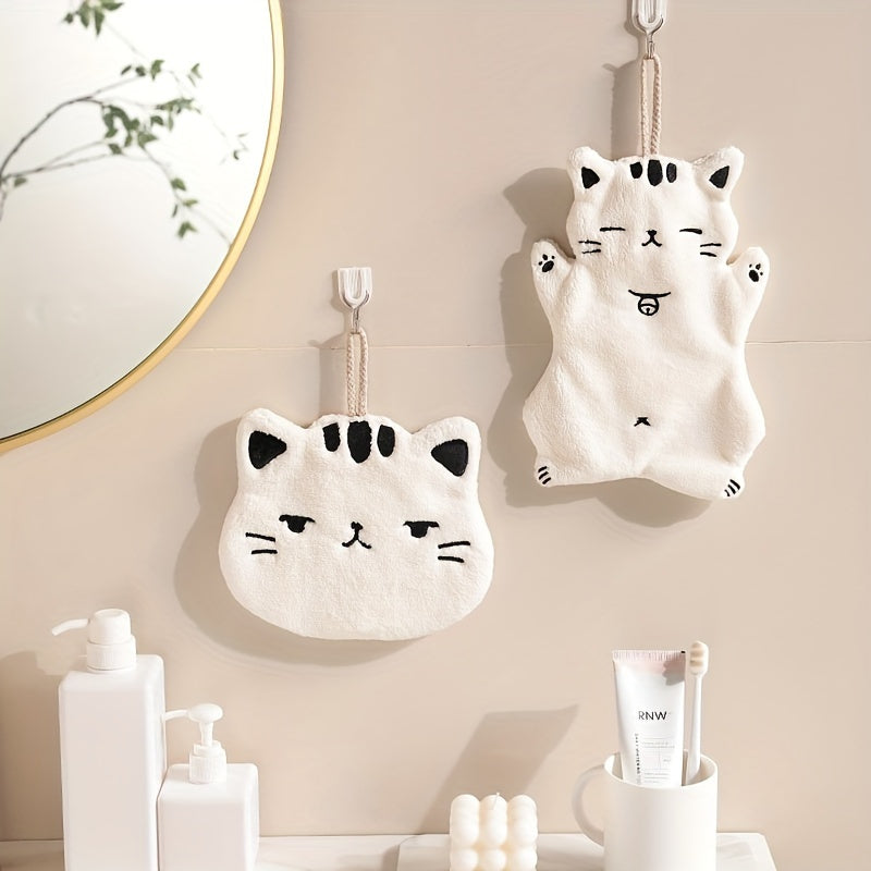 Cute Cat-Shaped Hand Towel Coral Fleece Quick-Dry Bathroom Kitchen Hanging