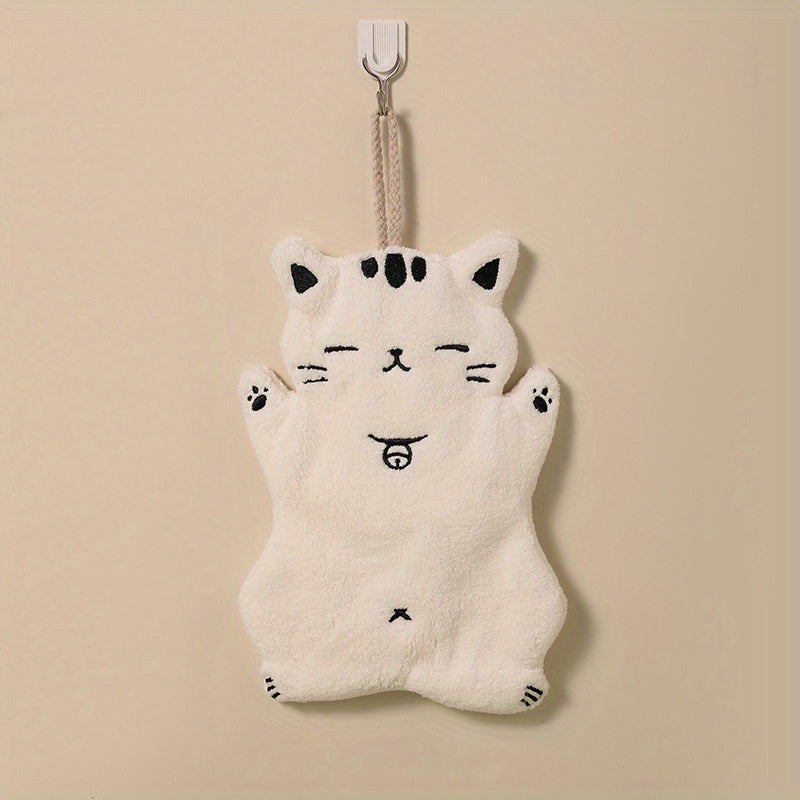 Cute Cat-Shaped Hand Towel Coral Fleece Quick-Dry Bathroom Kitchen Hanging