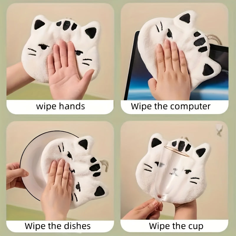 Cute Cat-Shaped Hand Towel Coral Fleece Quick-Dry Bathroom Kitchen Hanging