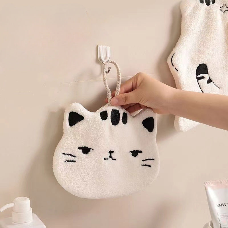 Cute Cat-Shaped Hand Towel Coral Fleece Quick-Dry Bathroom Kitchen Hanging