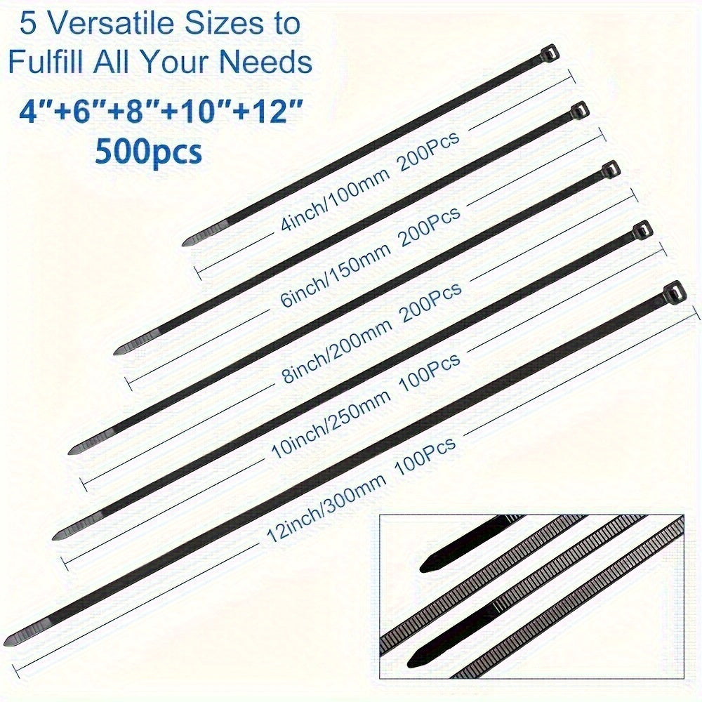Heavy Duty Black Nylon Cable Ties Set 500 Pieces Various Sizes Outdoor Gardening