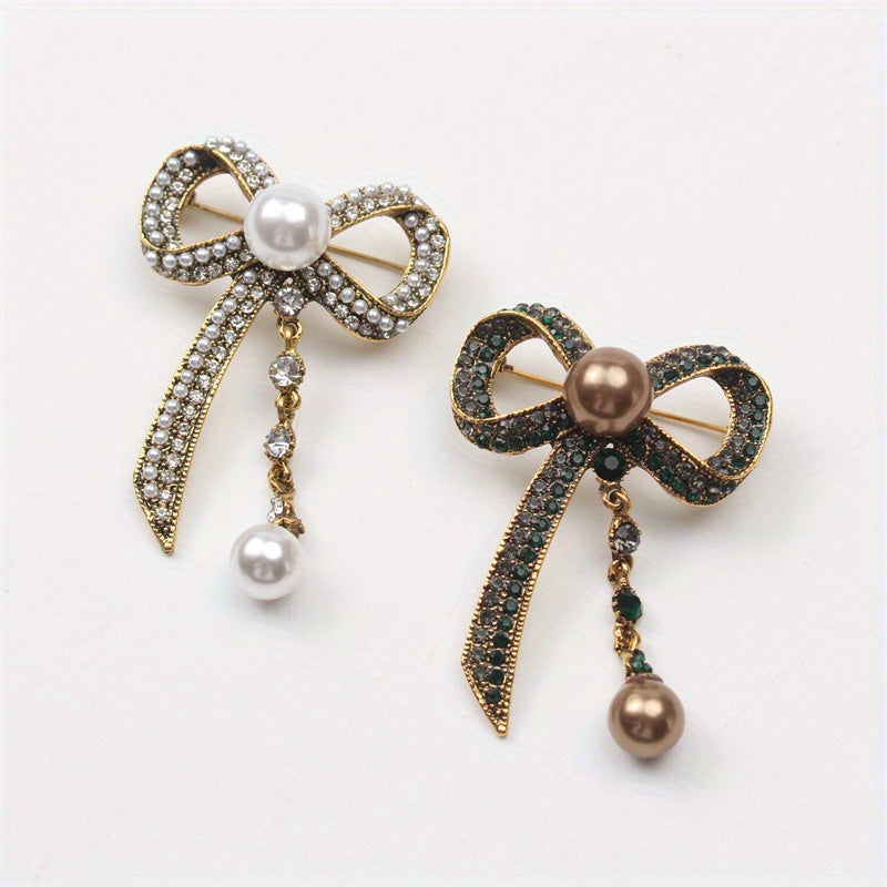 Vintage-Inspired Bow Brooch Pin with Rhinestones and Pearl Dangle for Women's Fashion