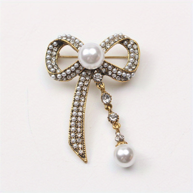 Vintage-Inspired Bow Brooch Pin with Rhinestones and Pearl Dangle for Women's Fashion