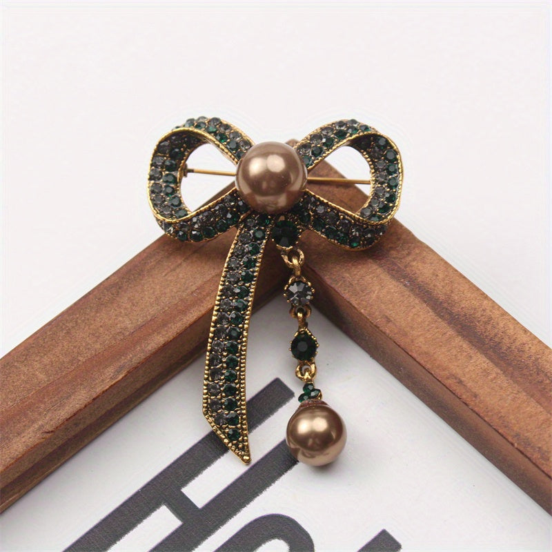 Vintage-Inspired Bow Brooch Pin with Rhinestones and Pearl Dangle for Women's Fashion