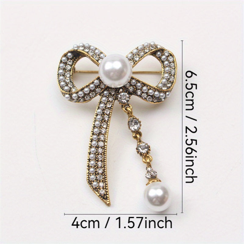 Vintage-Inspired Bow Brooch Pin with Rhinestones and Pearl Dangle for Women's Fashion