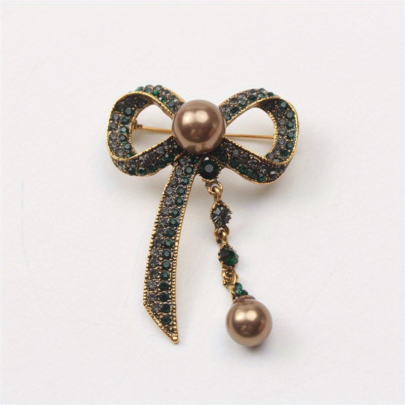 Vintage-Inspired Bow Brooch Pin with Rhinestones and Pearl Dangle for Women's Fashion