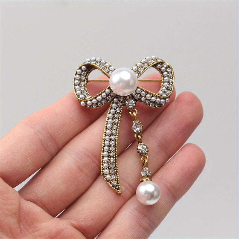 Vintage-Inspired Bow Brooch Pin with Rhinestones and Pearl Dangle for Women's Fashion