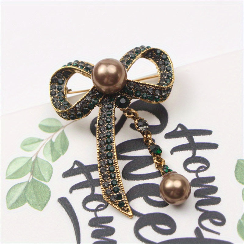 Vintage-Inspired Bow Brooch Pin with Rhinestones and Pearl Dangle for Women's Fashion