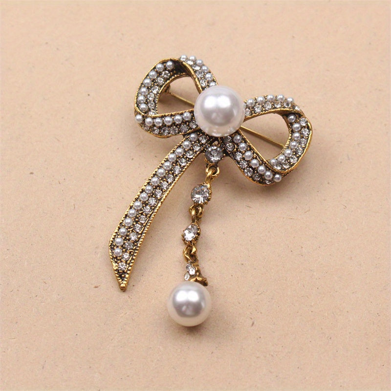 Vintage-Inspired Bow Brooch Pin with Rhinestones and Pearl Dangle for Women's Fashion