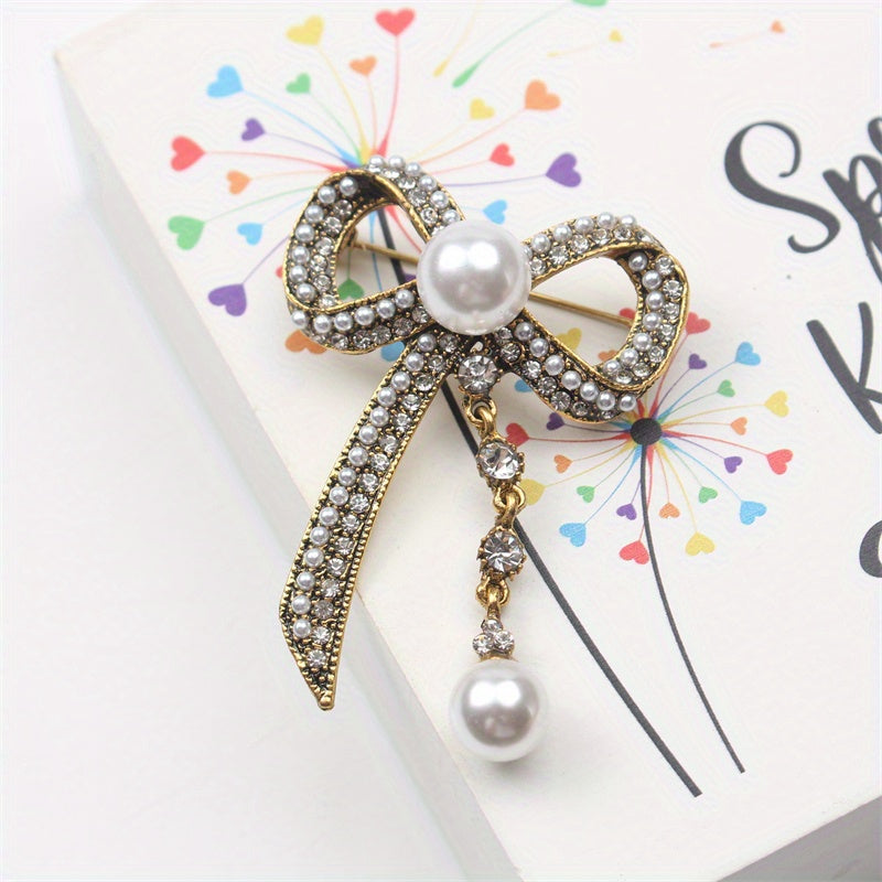 Vintage-Inspired Bow Brooch Pin with Rhinestones and Pearl Dangle for Women's Fashion