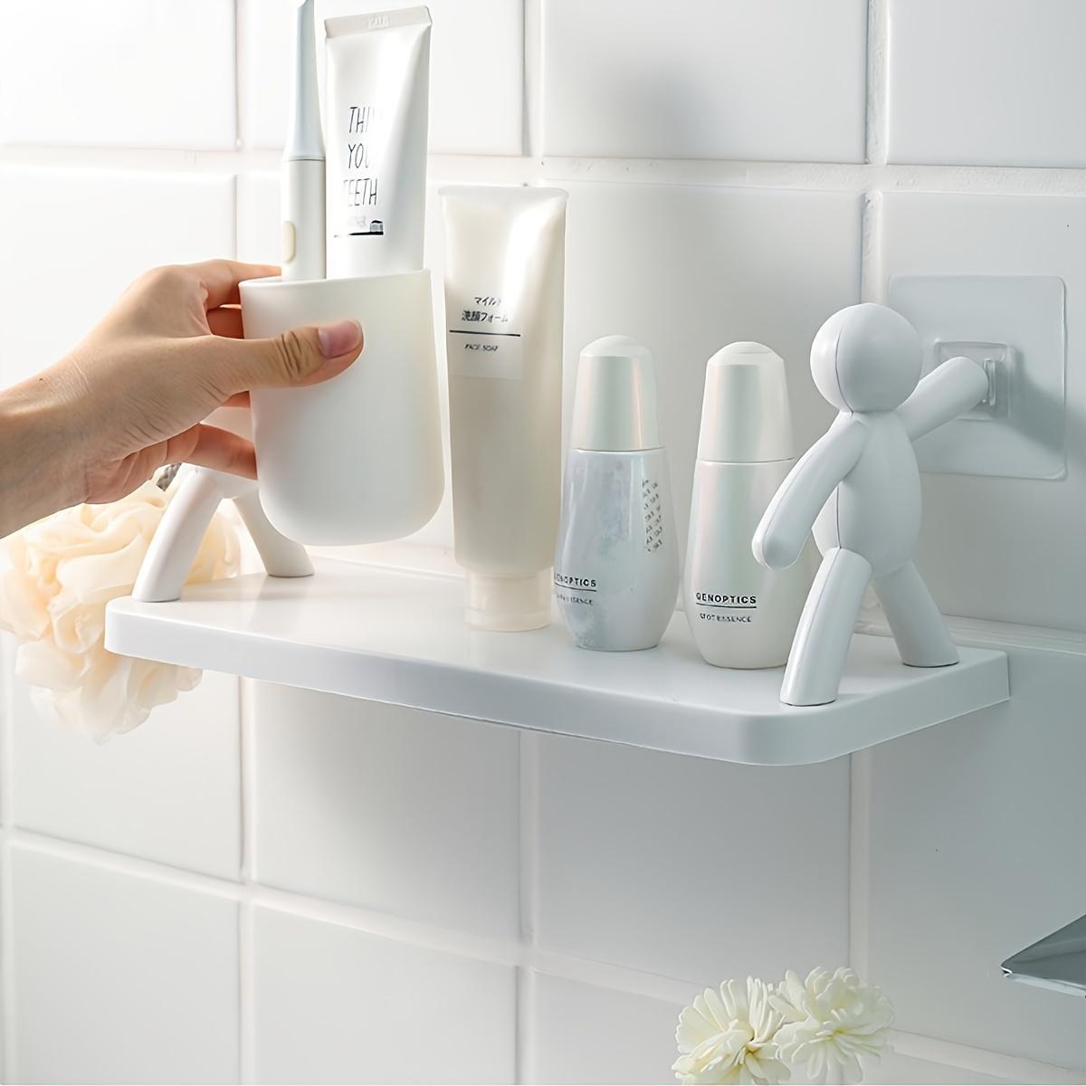 Multi-Purpose Wall Organizer with Hooks and Shelf for Bathroom No-Drill Ceramic Surface