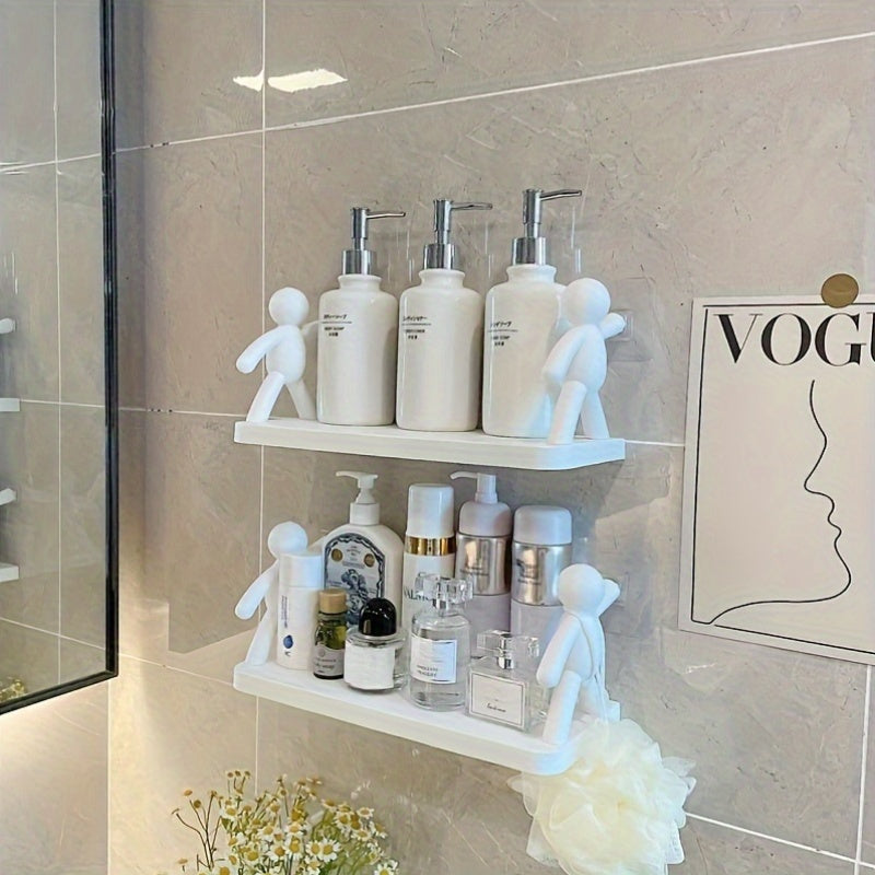 Multi-Purpose Wall Organizer with Hooks and Shelf for Bathroom No-Drill Ceramic Surface