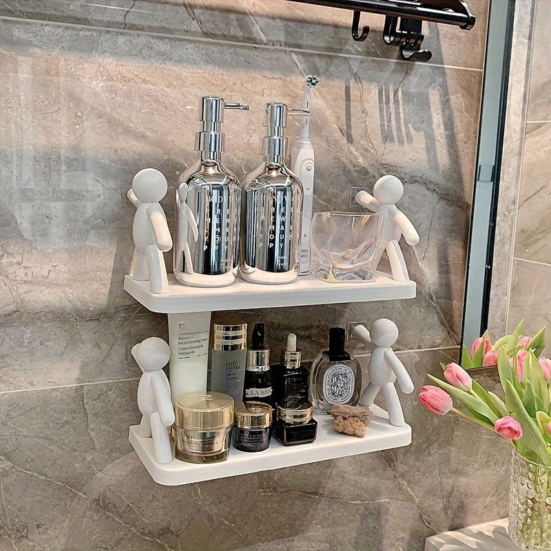 Multi-Purpose Wall Organizer with Hooks and Shelf for Bathroom No-Drill Ceramic Surface