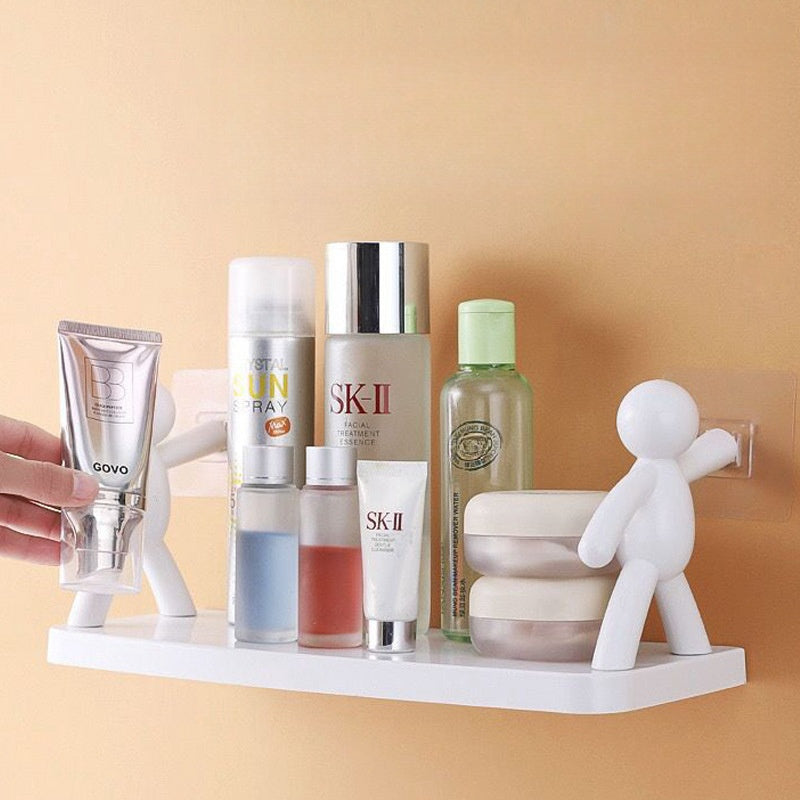 Multi-Purpose Wall Organizer with Hooks and Shelf for Bathroom No-Drill Ceramic Surface