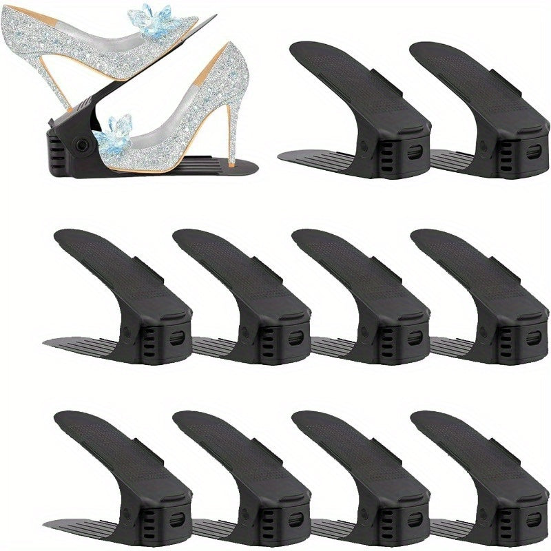 10 ta moslashuvchan poyabzal tashkilotchilari to'plami, turli xil poyabzal turlariga mos keladigan, mustahkam plastikdan yasalgan, shkaf joyini tejash uchun.