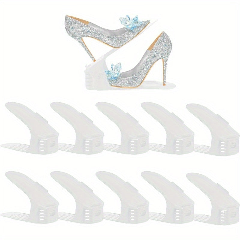 10 ta moslashuvchan poyabzal tashkilotchilari to'plami, turli xil poyabzal turlariga mos keladigan, mustahkam plastikdan yasalgan, shkaf joyini tejash uchun.