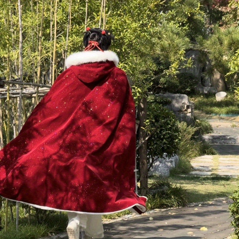 Красный накидка с пайетками и воротником из искусственного меха для женщин, стильный костюм и гламур