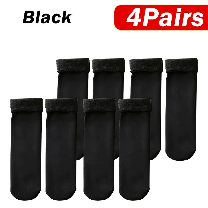 4 Pairs Black Thermal Fleece-Lined Socks Men Women Medium Tube Knit Fabric