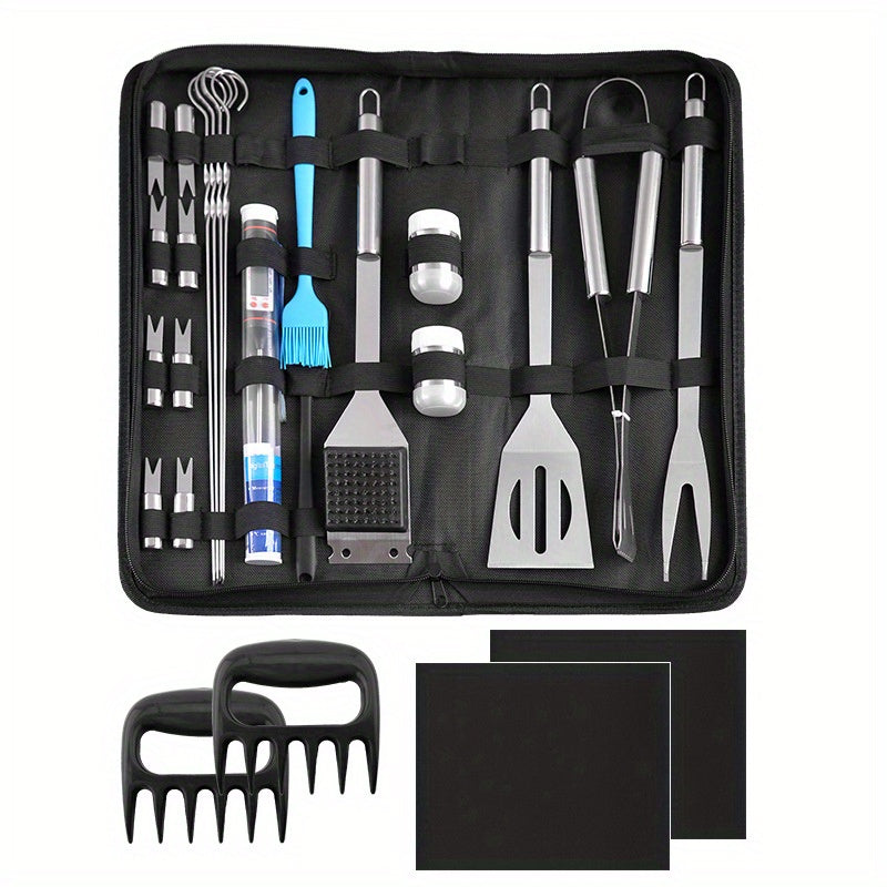 25-детальный набор инструментов для гриля из нержавеющей стали для уличных барбекю, включая разнообразные инструменты для приготовления и жарки, изготовленный из металлов пищевого качества.