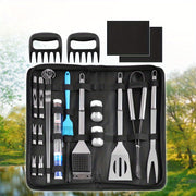 25-детальный набор инструментов для гриля из нержавеющей стали для уличных барбекю, включая разнообразные инструменты для приготовления и жарки, изготовленный из металлов пищевого качества.