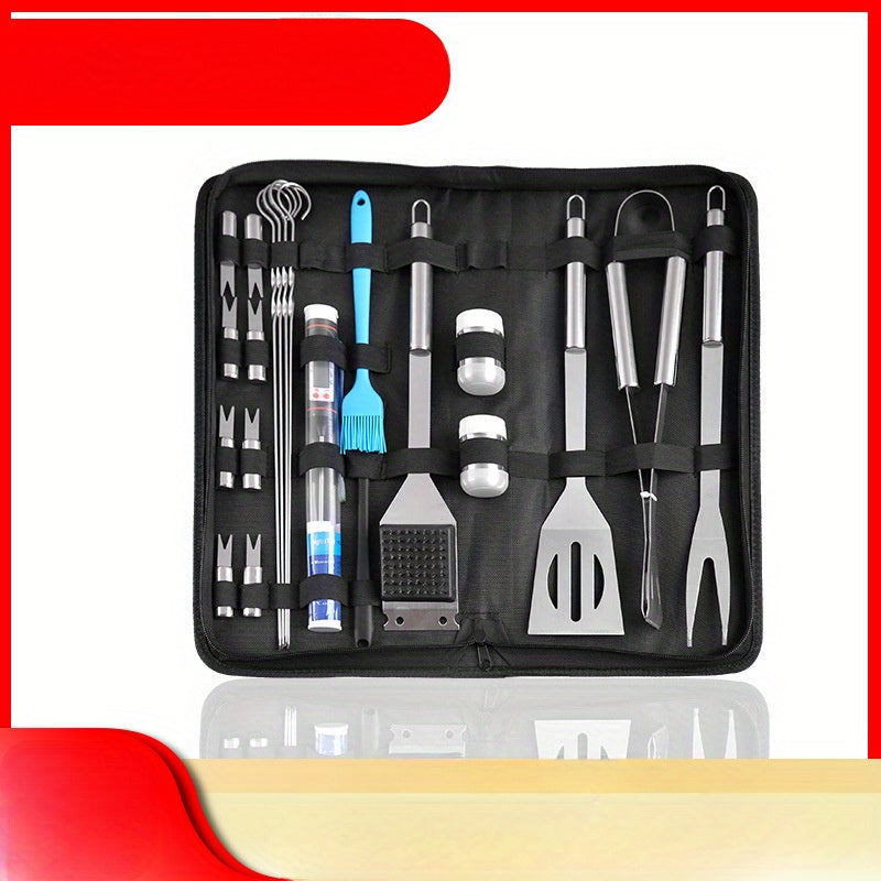 25-детальный набор инструментов для гриля из нержавеющей стали для уличных барбекю, включая разнообразные инструменты для приготовления и жарки, изготовленный из металлов пищевого качества.