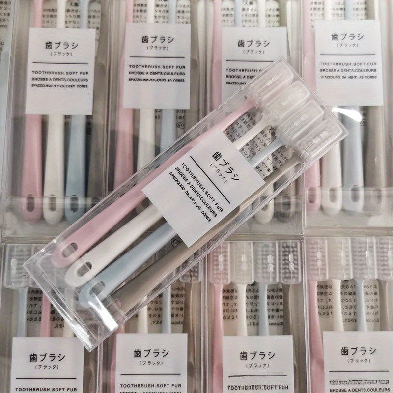 4 ta yaponcha makaron rangidagi yumshoq cho'tkali va himoya qopqog'iga ega tish cho'tkalari, kattalar uchun portativ va professional tish parvarishi uchun.