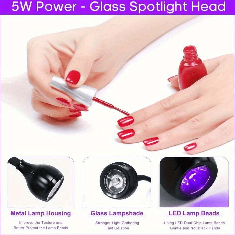 USB-Powered LED Nail Dryer for Gel Curing with Flexible Clip-On UV Lamp for Manicures and Pedicures