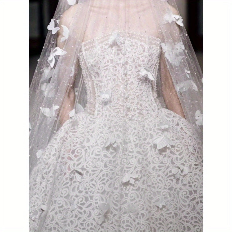 Long Bridal Wedding Veil with Butterfly Appliques Pearlescent Embellishments and Yarn Fabric