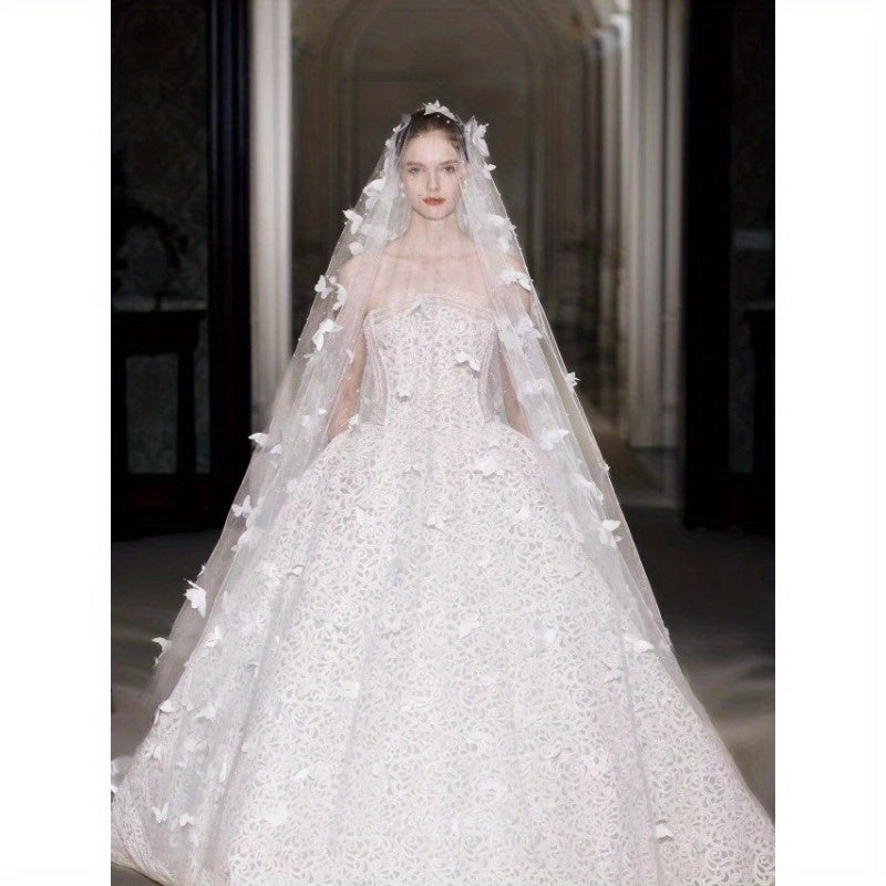 Long Bridal Wedding Veil with Butterfly Appliques Pearlescent Embellishments and Yarn Fabric