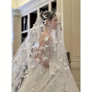 Long Bridal Wedding Veil with Butterfly Appliques Pearlescent Embellishments and Yarn Fabric