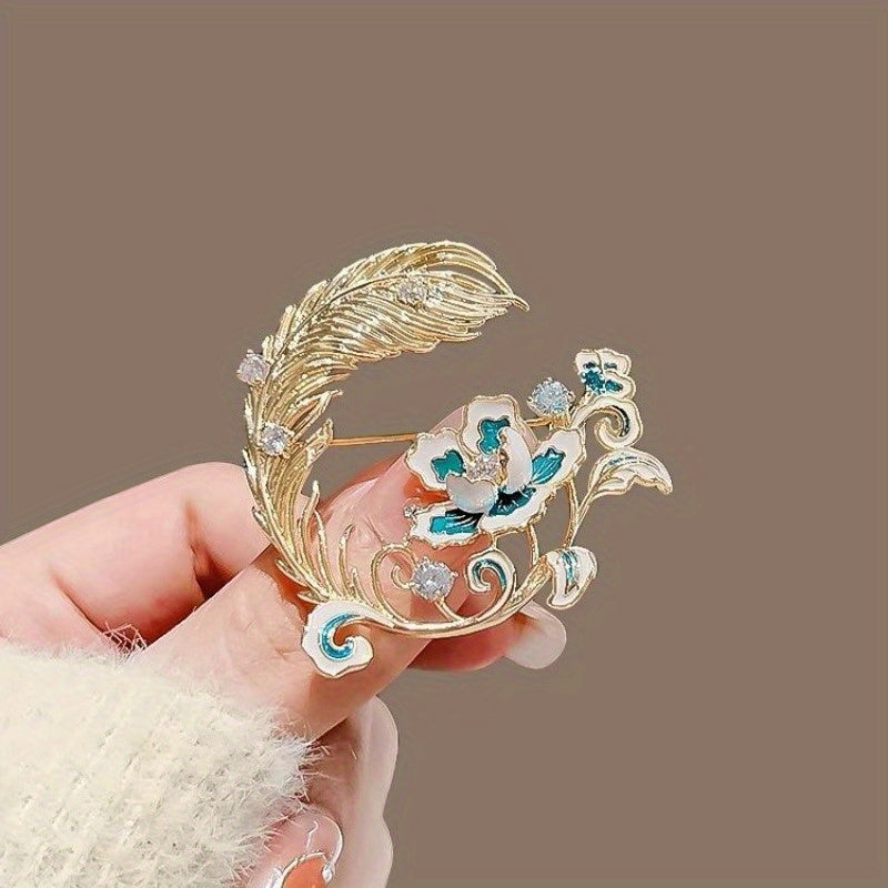 Broche de peonía y pluma para mujer, alfiler de aleación con piedras de fantasía, flor para solapa, joyería