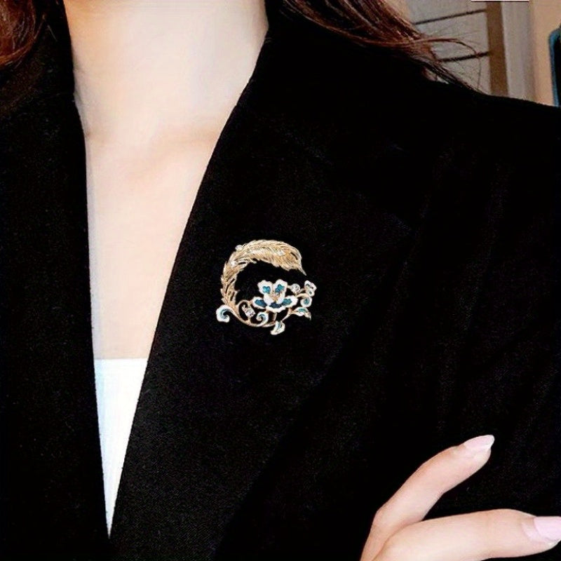 Broche de peonía y pluma para mujer, alfiler de aleación con piedras de fantasía, flor para solapa, joyería