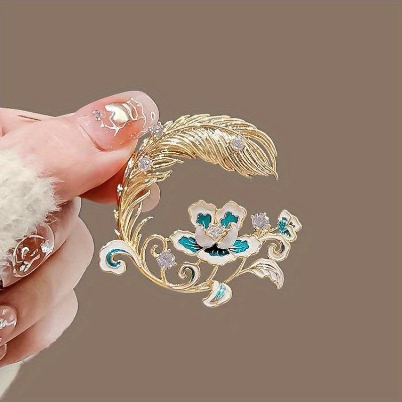 Broche de peonía y pluma para mujer, alfiler de aleación con piedras de fantasía, flor para solapa, joyería