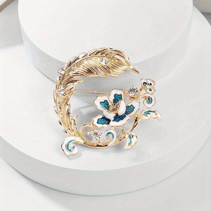 Broche de peonía y pluma para mujer, alfiler de aleación con piedras de fantasía, flor para solapa, joyería