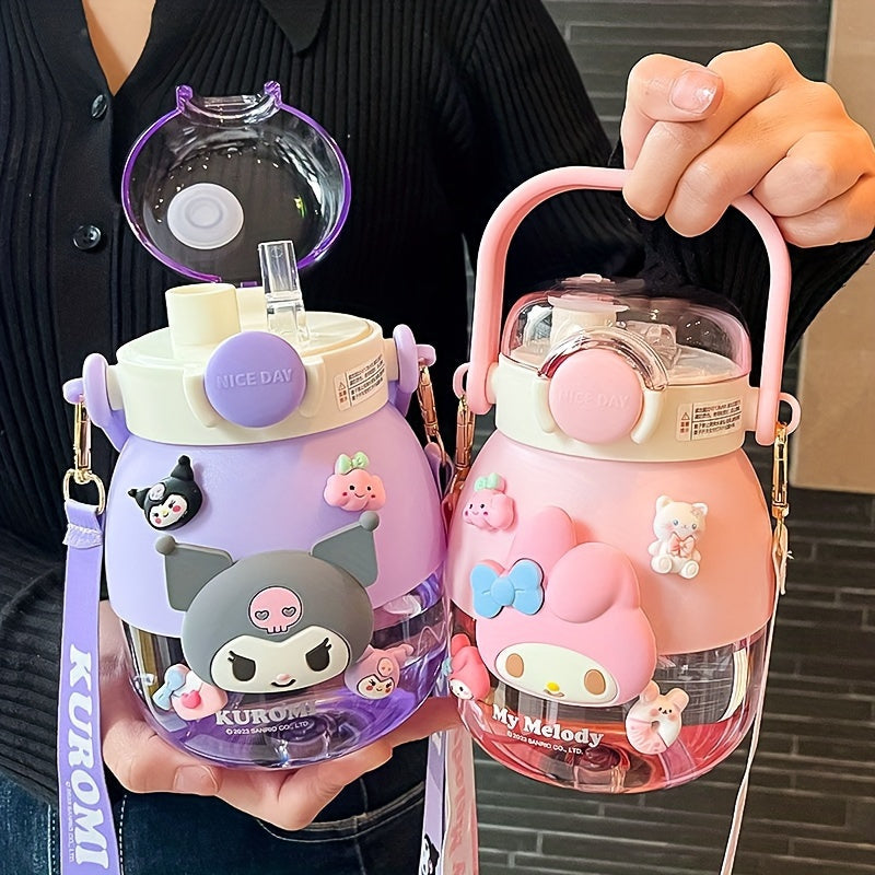 Large Capacity Water Bottle with Flip Top Straw and Cute Sanrio Designs for Outdoor Sports and Travel