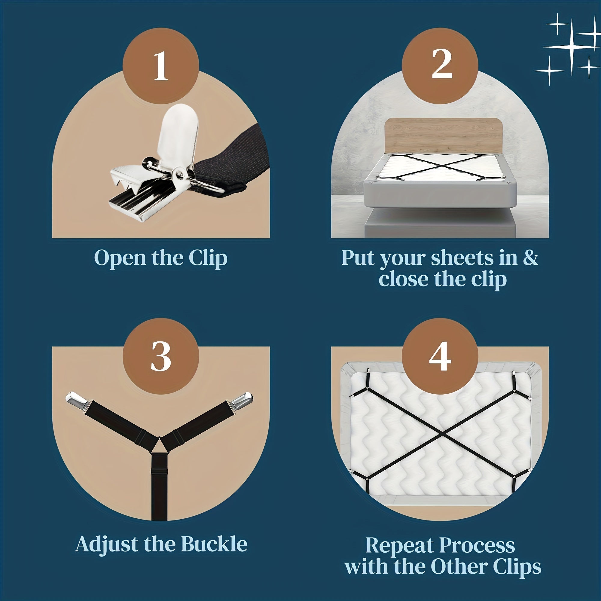 Qora oq sozlanadigan yotoq qoplami uchun elastik kliplar va straplar, mos keladigan tekis yostiq qoplami uchun