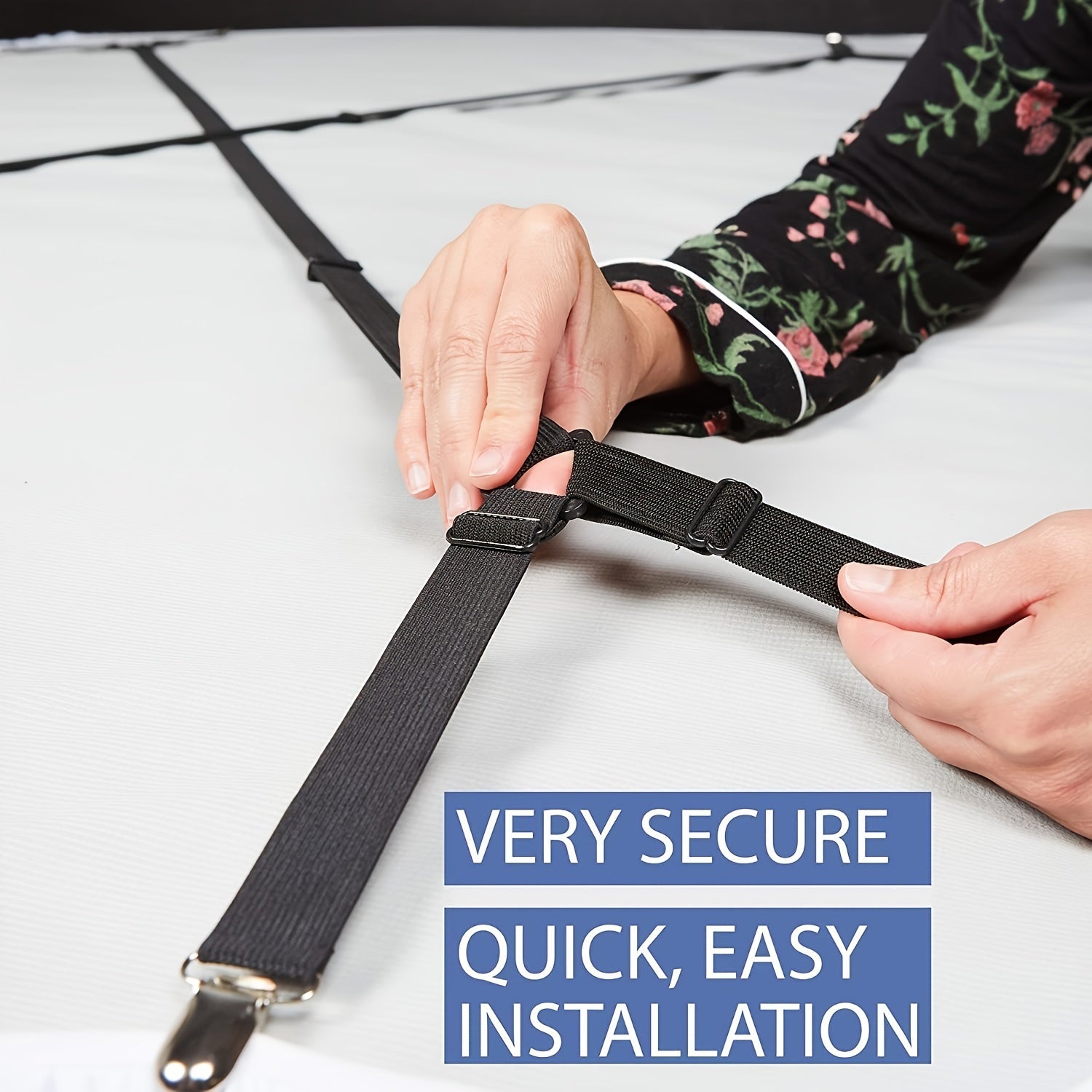 Qora oq sozlanadigan yotoq qoplami uchun elastik kliplar va straplar, mos keladigan tekis yostiq qoplami uchun