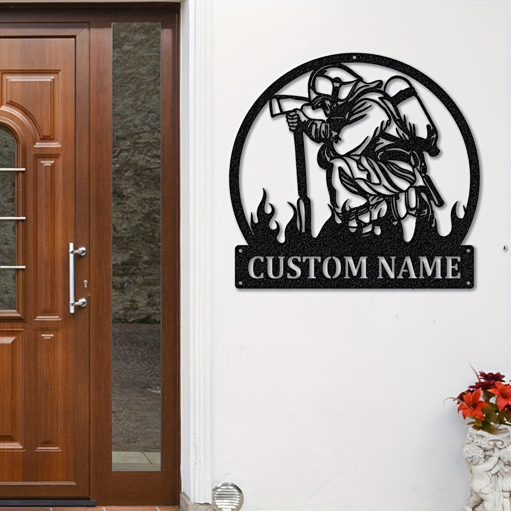 Shaxsiylashtirilgan yongʻin oʻchirish xodimi uchun metall eshik tutqichi, qora temir, doira shaklidagi dekor, geometrik siluet bilan