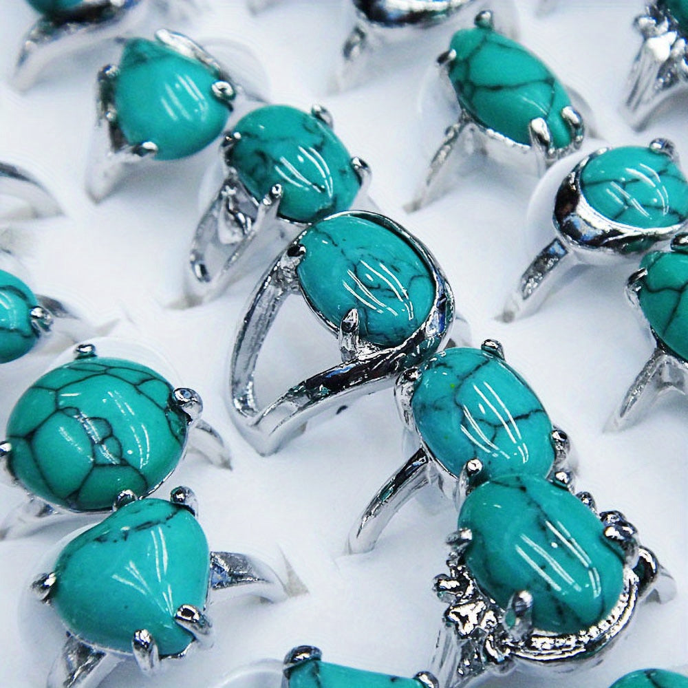 Set of 10 Turquoise Boho Style Fashion Rings Natural Stone Alloy Plated for Festivals and Casual Wear