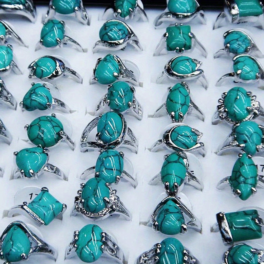 Set of 10 Turquoise Boho Style Fashion Rings Natural Stone Alloy Plated for Festivals and Casual Wear
