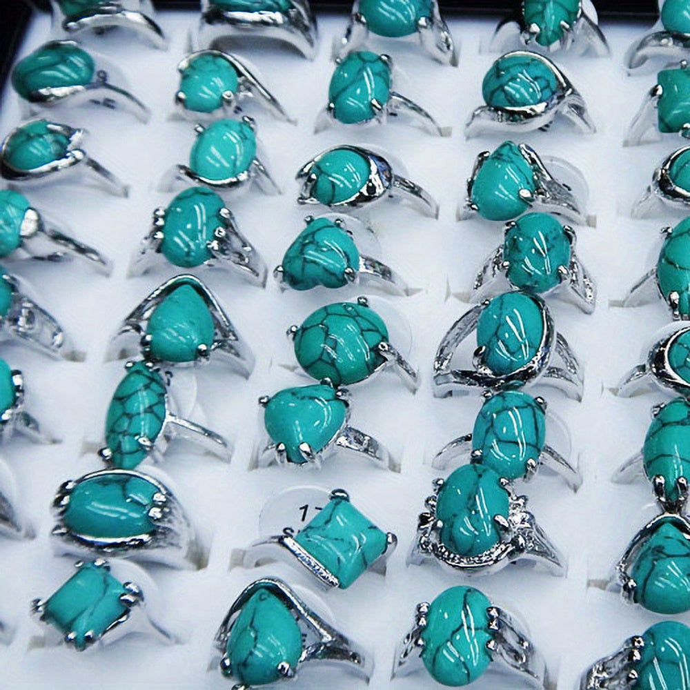 Set of 10 Turquoise Boho Style Fashion Rings Natural Stone Alloy Plated for Festivals and Casual Wear