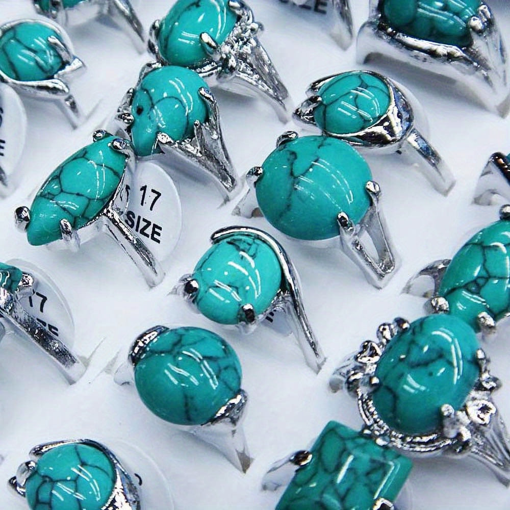 Set of 10 Turquoise Boho Style Fashion Rings Natural Stone Alloy Plated for Festivals and Casual Wear