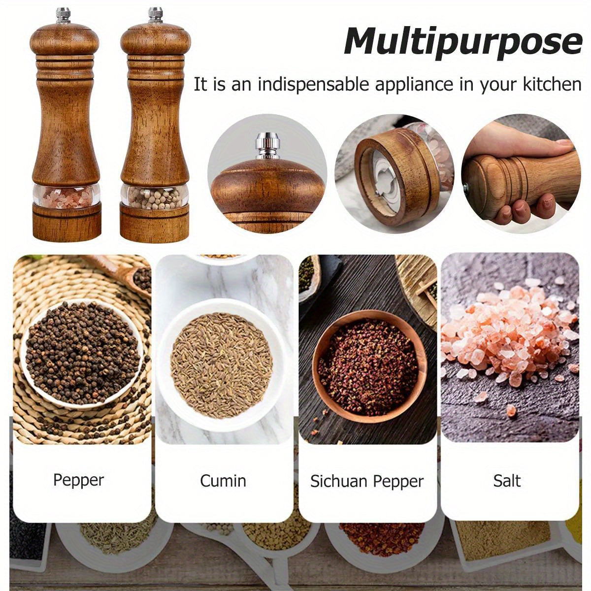 Versatile Wooden Salt and Pepper Grinders Set for Kitchen Use