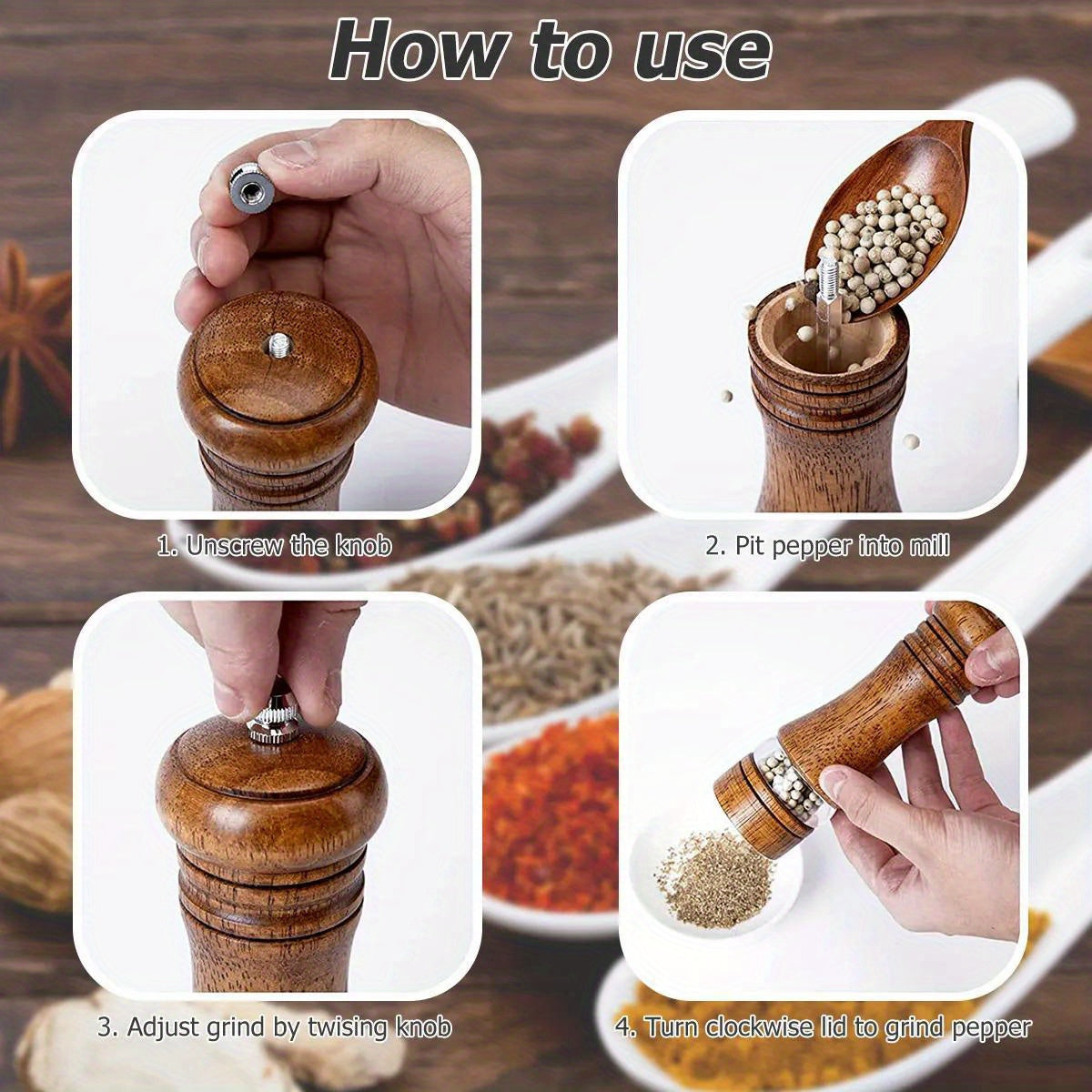 Versatile Wooden Salt and Pepper Grinders Set for Kitchen Use