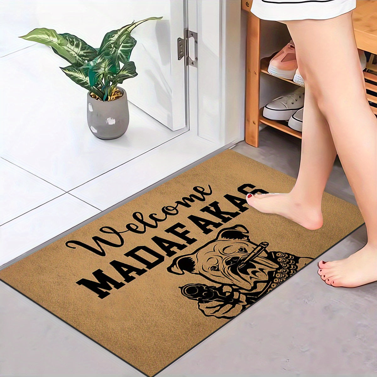 Welcome Mat with Dog and Gun Pattern Anti-Slip Absorbent Crystal Velvet for Entrance and Bedroom
