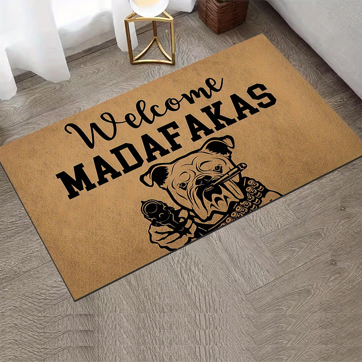 Welcome Mat with Dog and Gun Pattern Anti-Slip Absorbent Crystal Velvet for Entrance and Bedroom