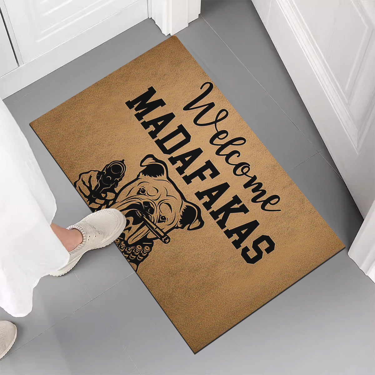 Welcome Mat with Dog and Gun Pattern Anti-Slip Absorbent Crystal Velvet for Entrance and Bedroom