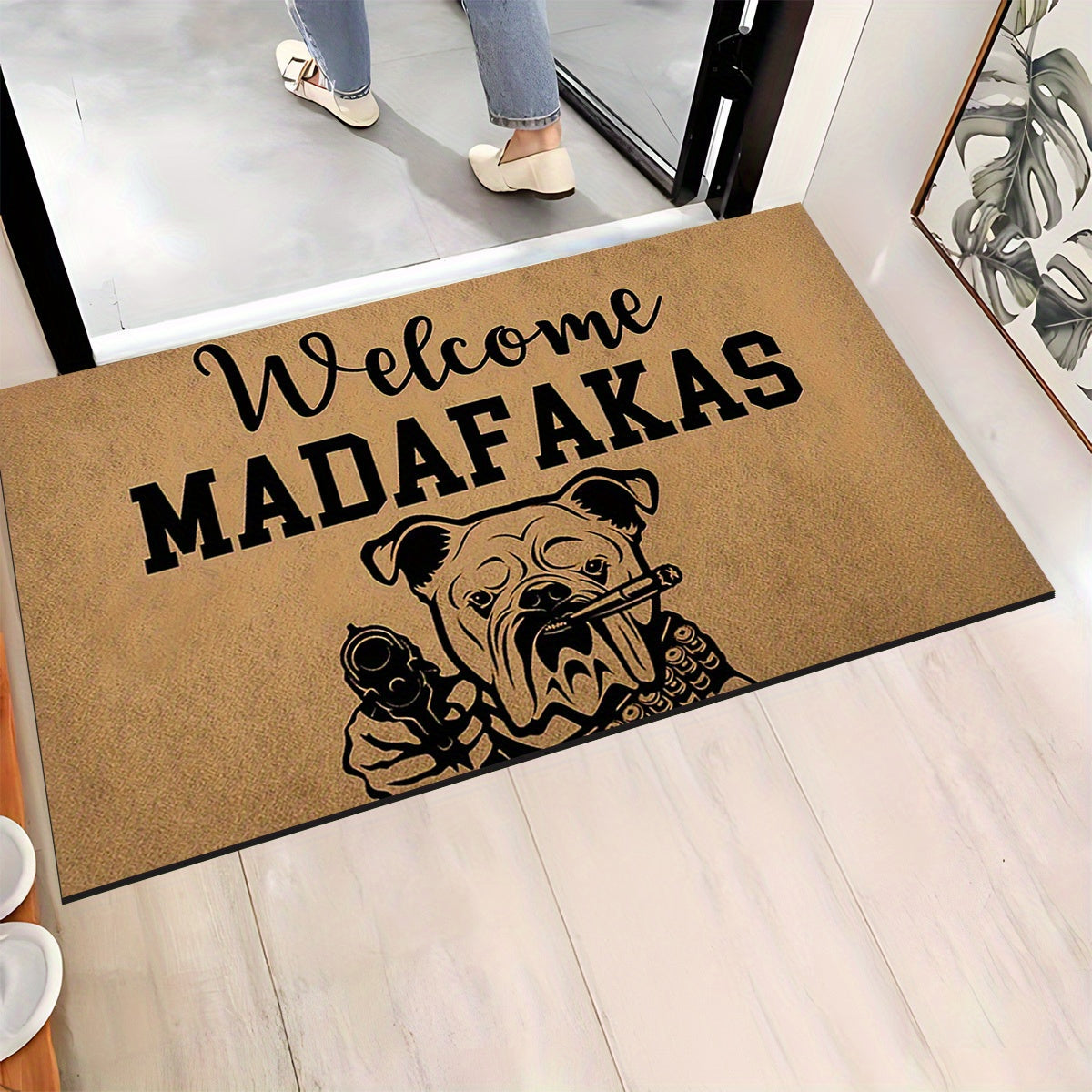 Welcome Mat with Dog and Gun Pattern Anti-Slip Absorbent Crystal Velvet for Entrance and Bedroom