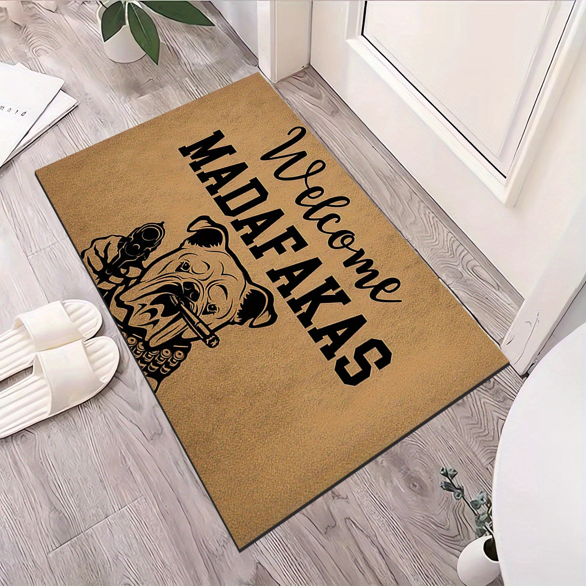 Welcome Mat with Dog and Gun Pattern Anti-Slip Absorbent Crystal Velvet for Entrance and Bedroom