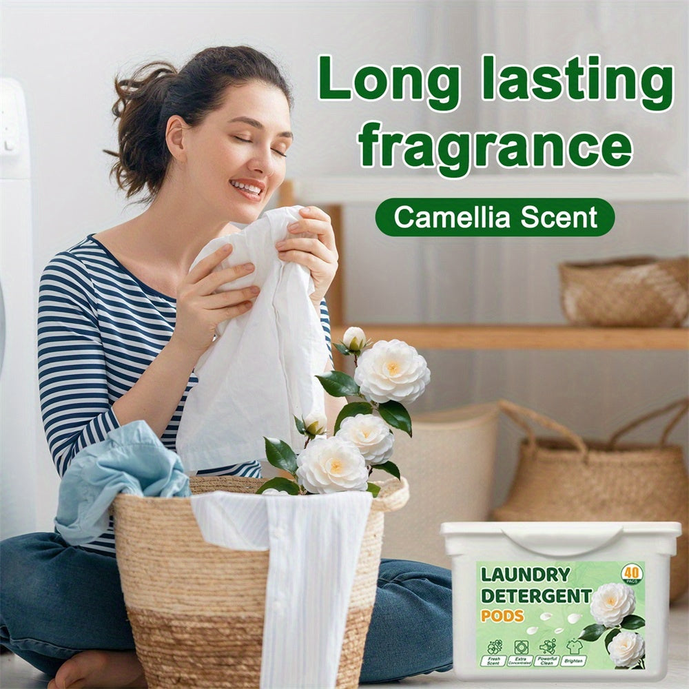 40pcs Camellia Scented Laundry Detergent Pods Long-Lasting Fragrance Water-Activated Formaldehyde-Free
